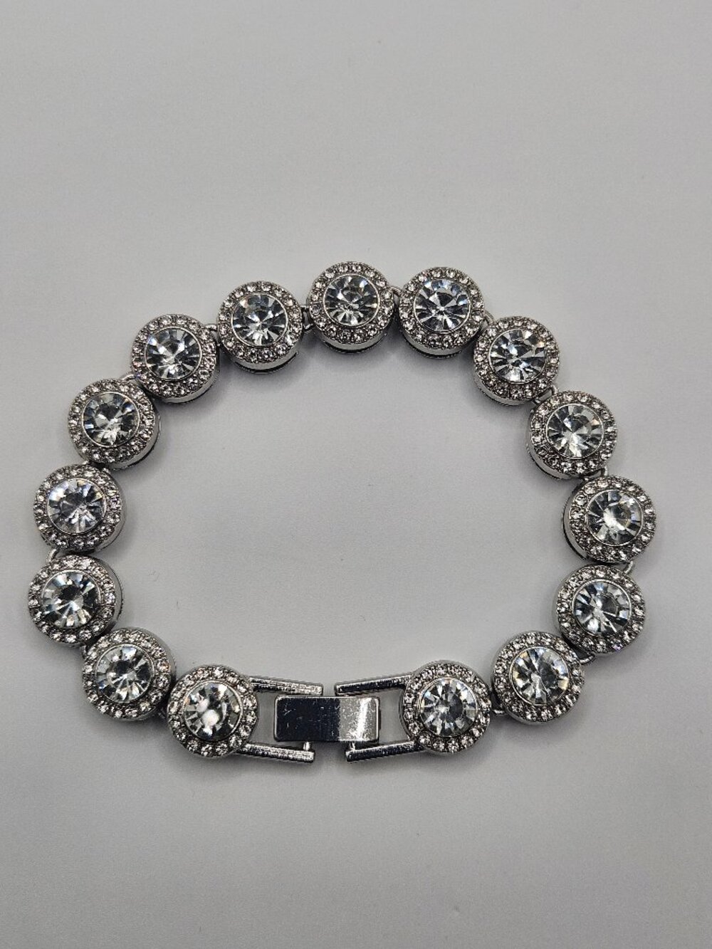 Stainless Steel AAA CZ Cluster Halo Link Bracelet 8" Silver